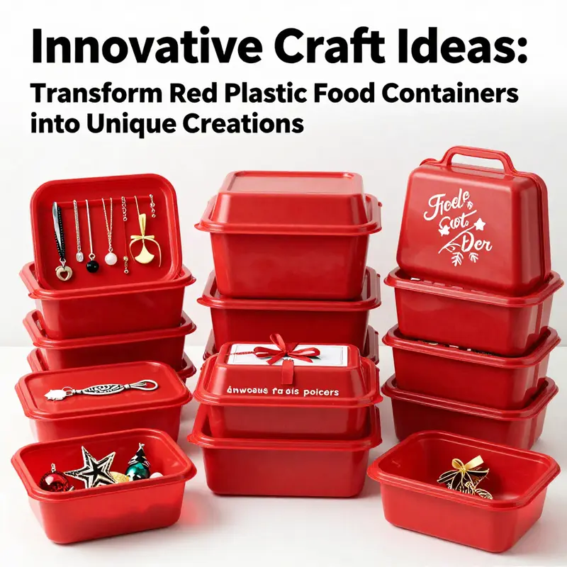 A collection of repurposed red plastic food containers transformed into unique crafts such as organizers, storage boxes, and piggy banks.