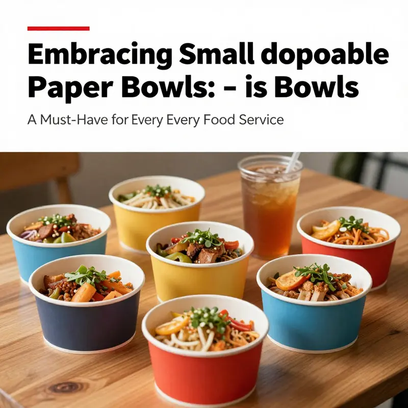 Various small disposable paper bowls filled with foods such as salads, desserts, and beverages, arranged on a stylish wooden table.