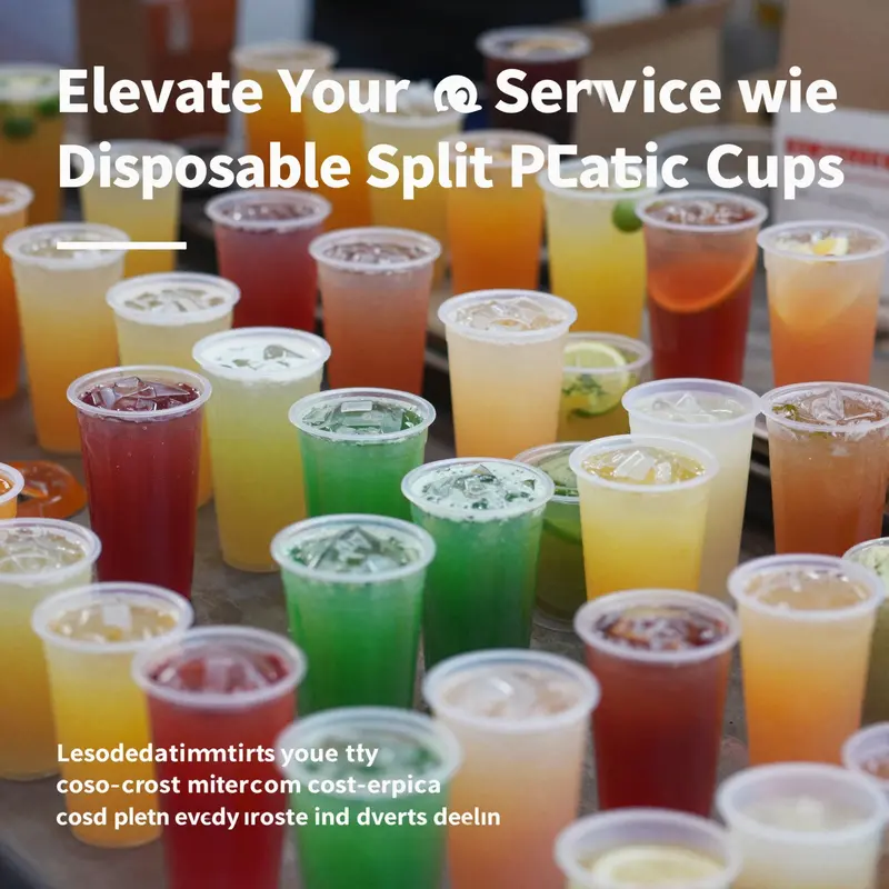 Colorful disposable split plastic cups with drinks on display, showcasing product versatility.