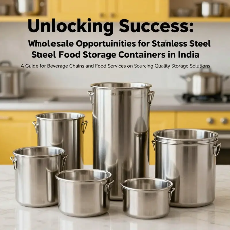 A variety of stainless steel food storage containers placed attractively in a kitchen to promote their quality and appeal.