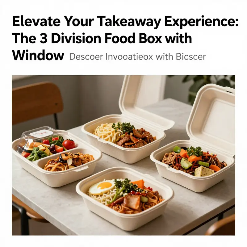 A colorful presentation of 3 division takeaway food boxes filled with different foods, illustrating packaging appeal and variety.