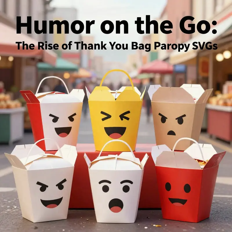 An engaging image featuring various takeout bags with humorous parody designs set in a lively market backdrop.