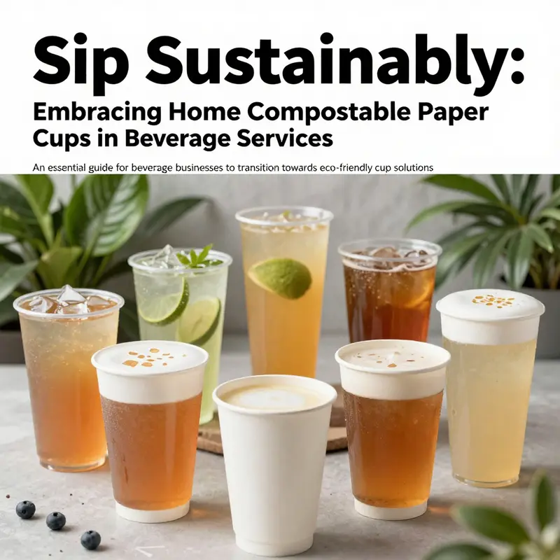 Variety of home compostable paper cups filled with beverages, surrounded by green plants showing commitment to sustainability.