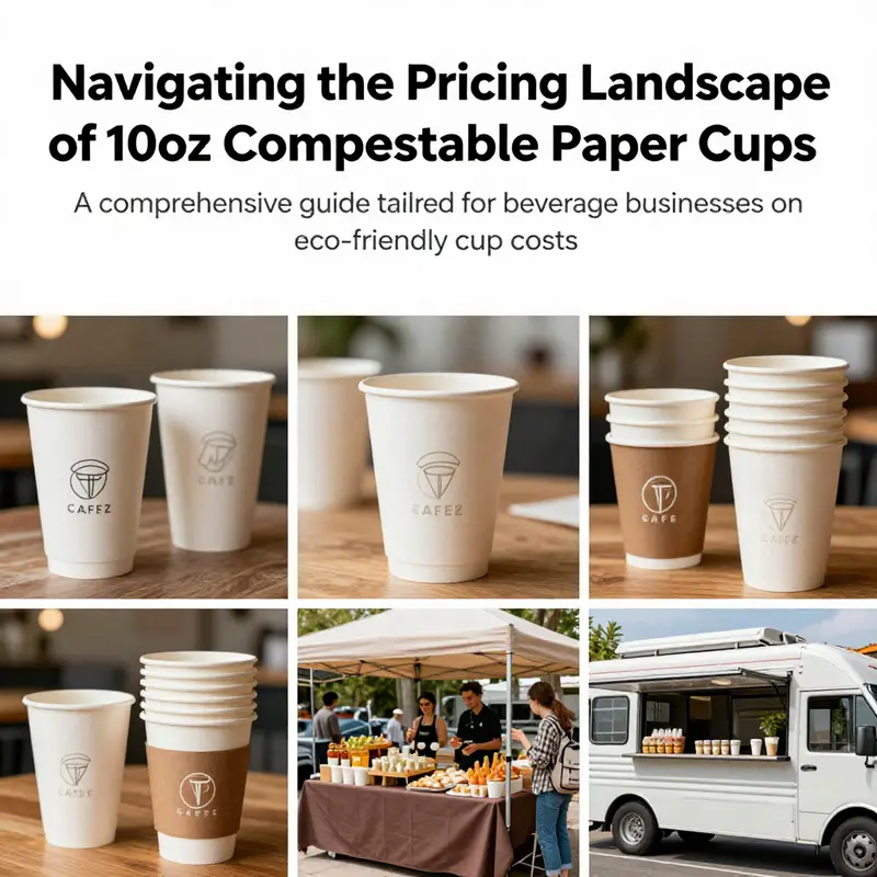 A collage of 10oz compostable paper cups used in various settings including cafes and food trucks.