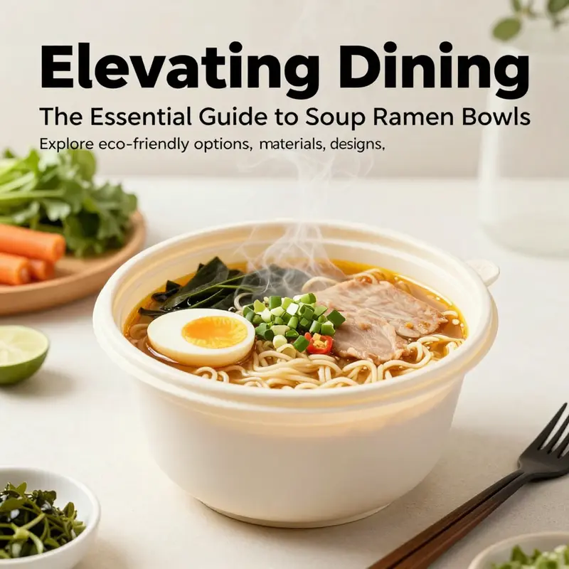 Close-up of a vibrant bowl of ramen served in an eco-friendly disposable bowl, showcasing fresh ingredients on the side.