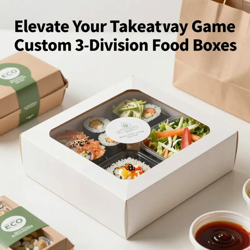 Close-up of a custom 3-division takeaway food box, highlighting its clear window and organized compartments.