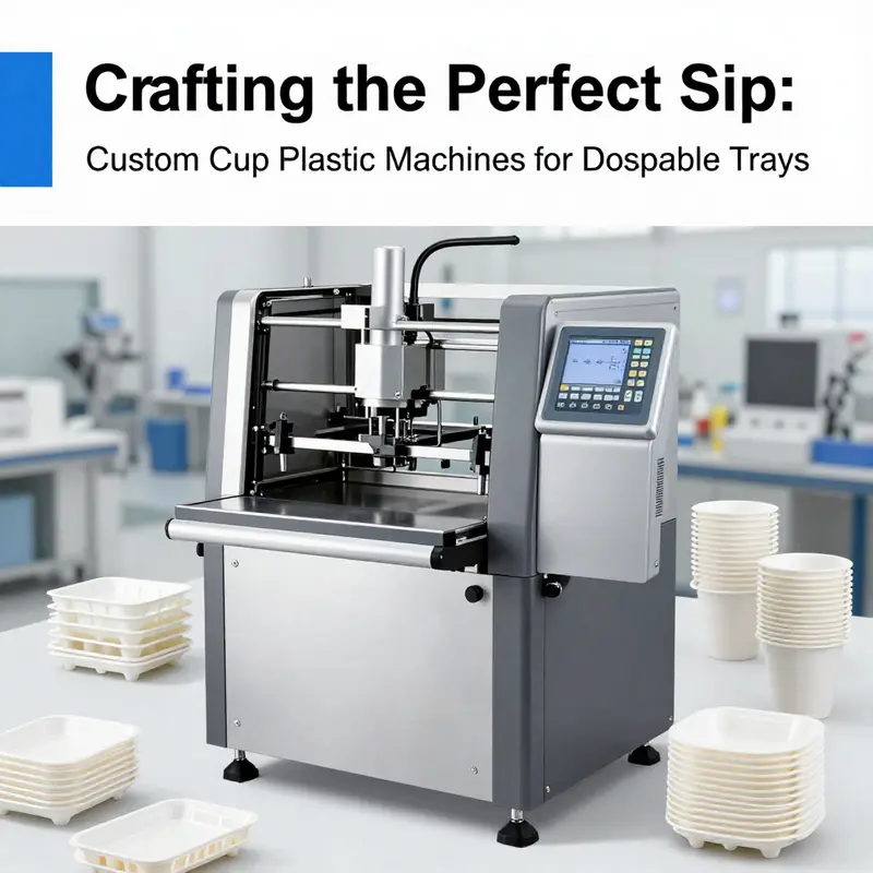 Advanced specifications of a custom cup plastic machine being inspected in a manufacturing environment.