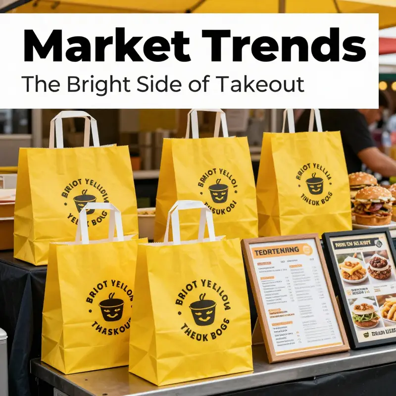 A display of yellow takeout bags that enhance brand visibility in a restaurant setting.
