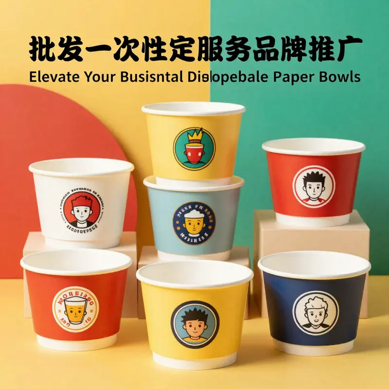 A variety of disposable paper bowls designed for diverse food applications.