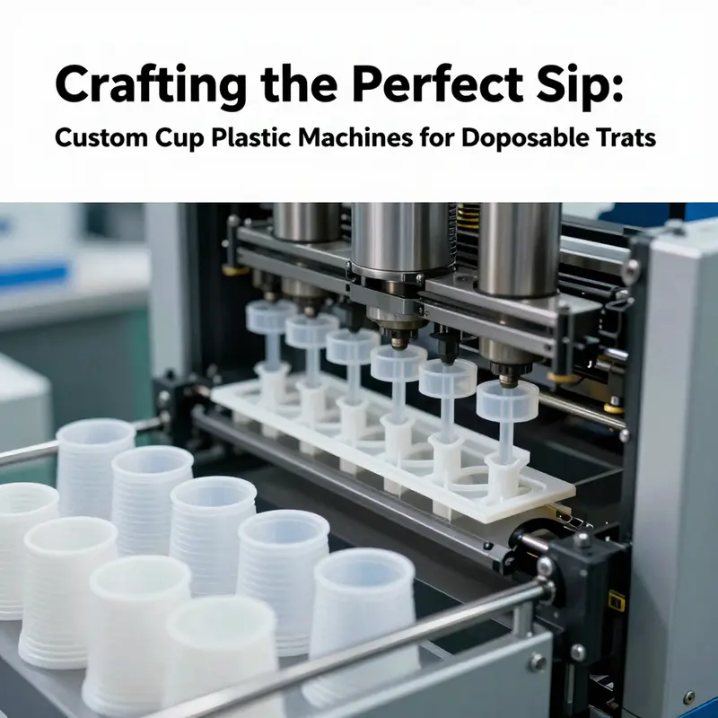 Advanced specifications of a custom cup plastic machine being inspected in a manufacturing environment.