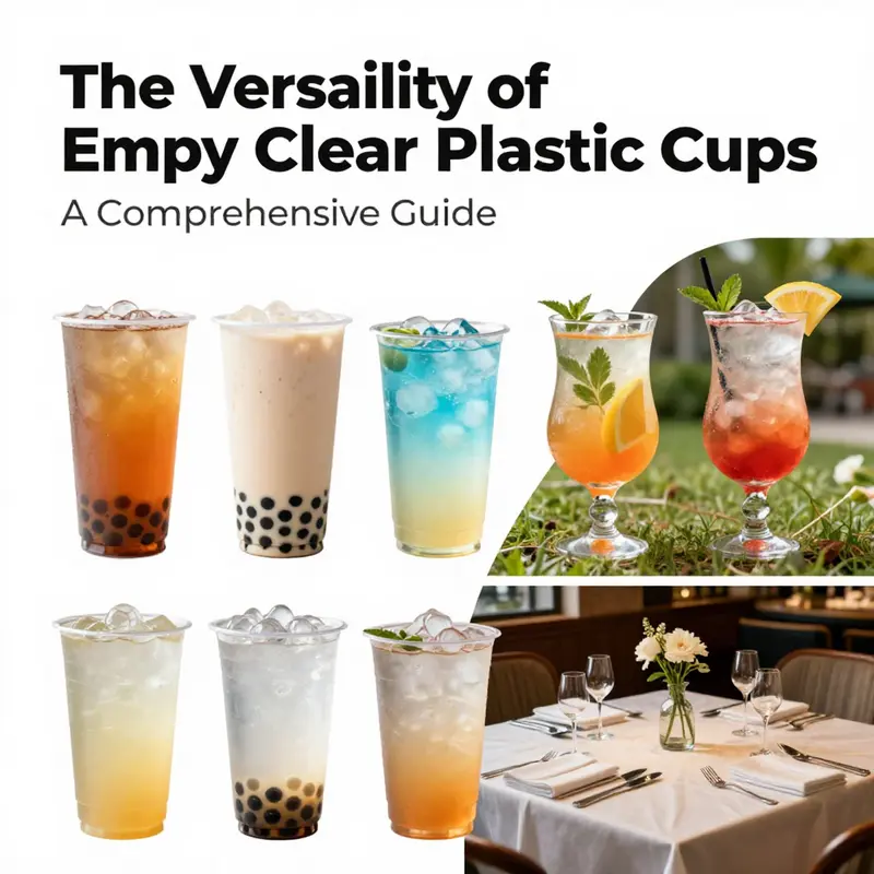 Different types of empty clear plastic cups suitable for a range of beverages.