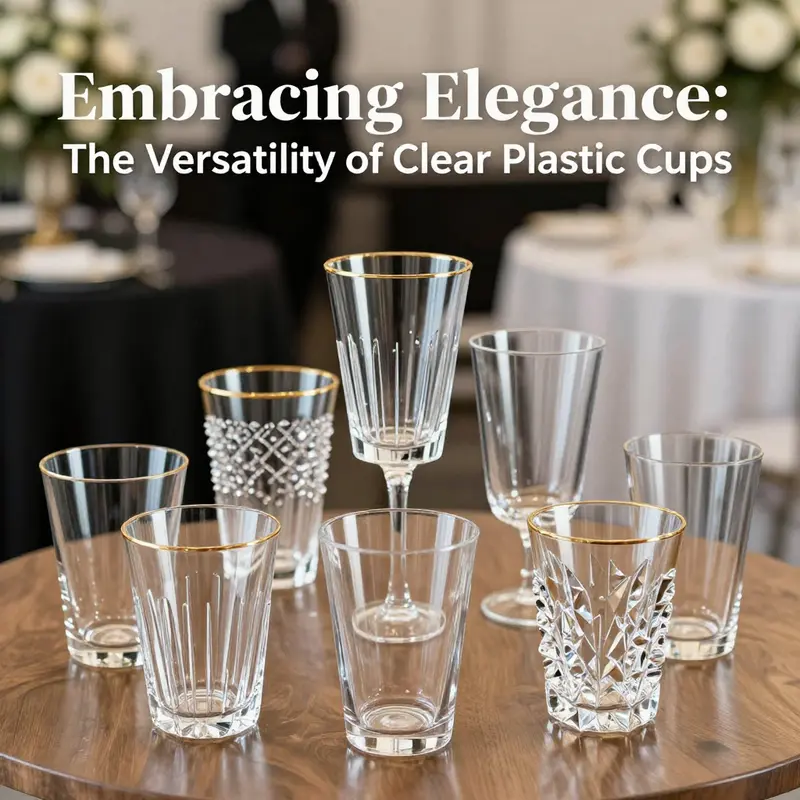 Elegant clear plastic cups featuring refined designs, ideal for sophisticated events.