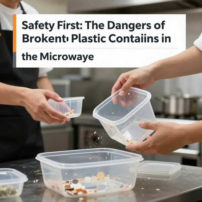 A cracked plastic container in a microwave poses serious food safety risks.
