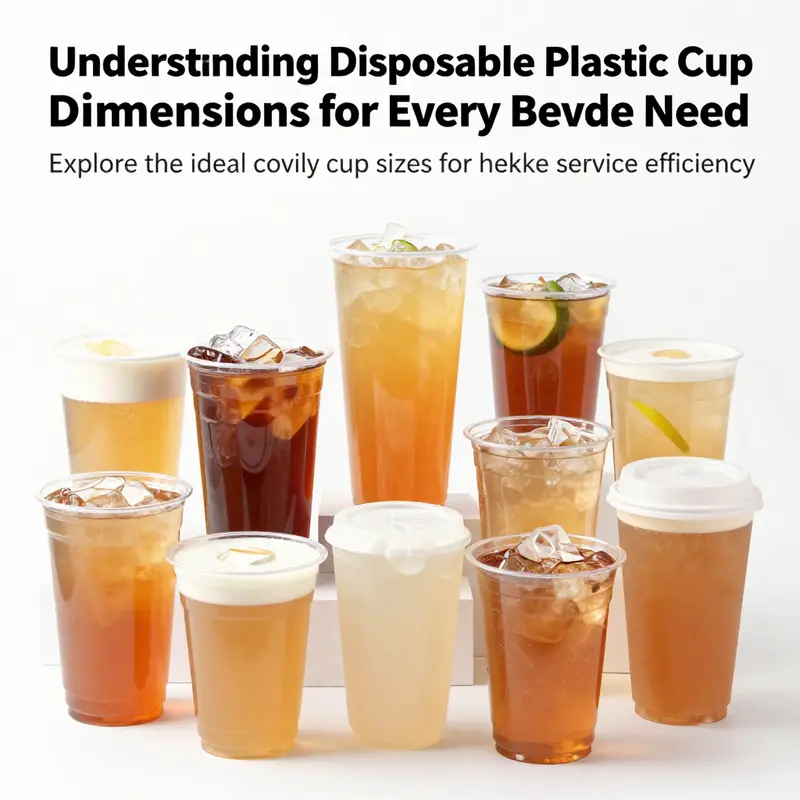 A collection of disposable plastic cups in various sizes filled with beverages, reflecting the theme of cup dimensions.