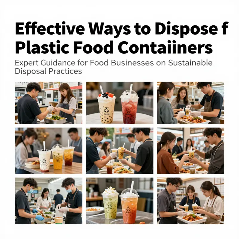Collage showcasing different food service settings practicing sustainability in plastic disposal.