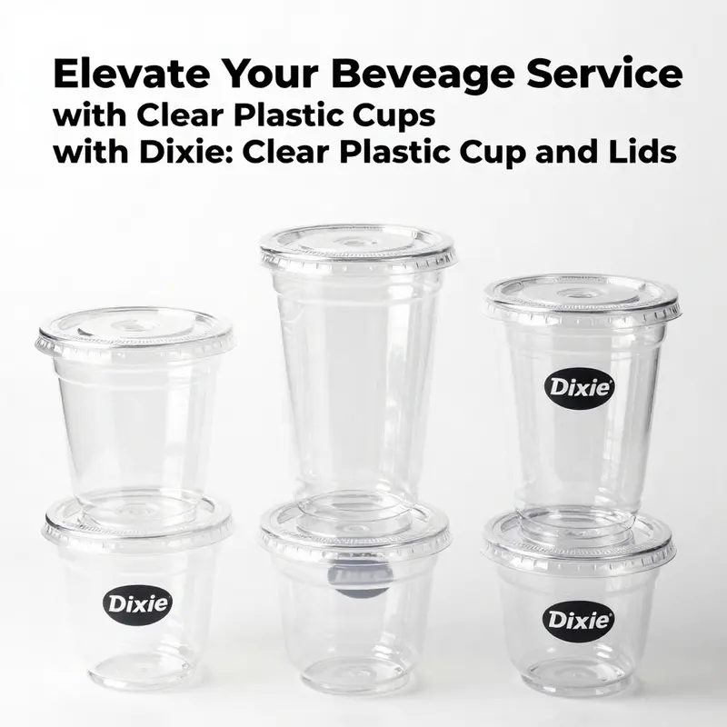A showcase of Dixie clear plastic cups highlighting their versatile sizes and applications.