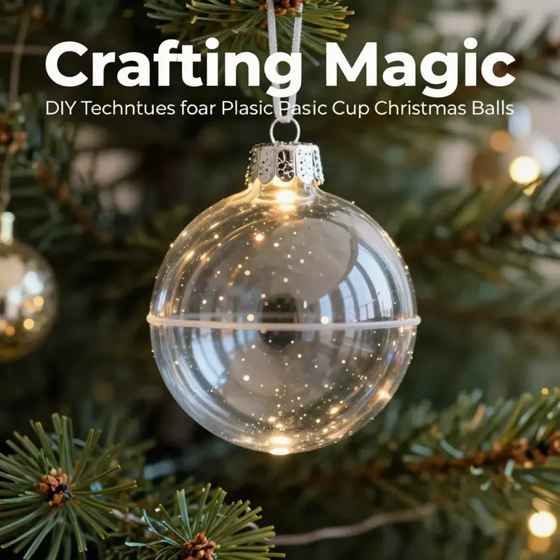 A hand-crafted clear plastic cup Christmas ball illuminating a festive tree.