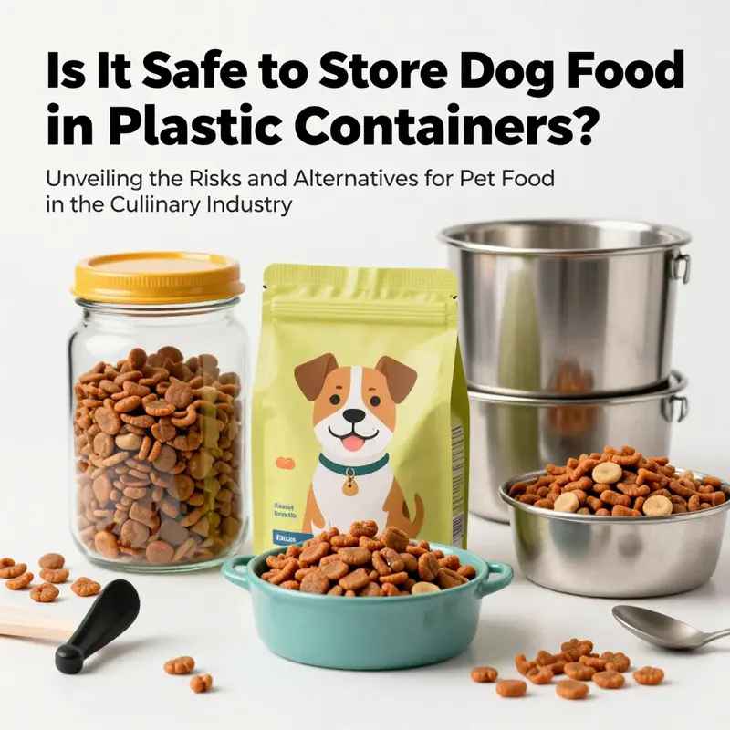 An illustrated representation of dog food safety emphasizing the significance of storing food properly with glass and stainless steel.