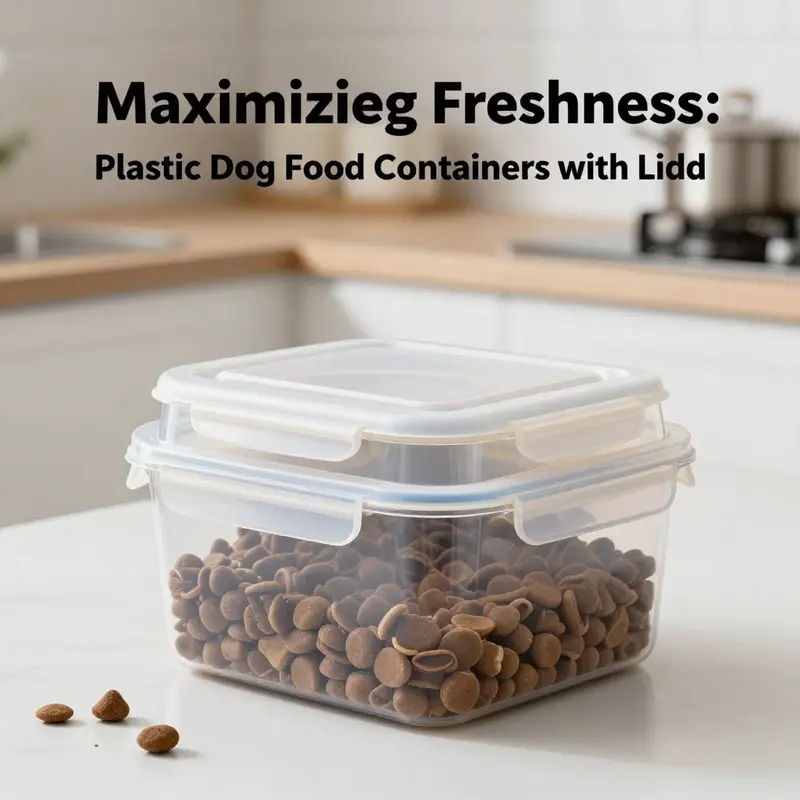 A robust plastic dog food container designed for durability and easy access in a modern kitchen.