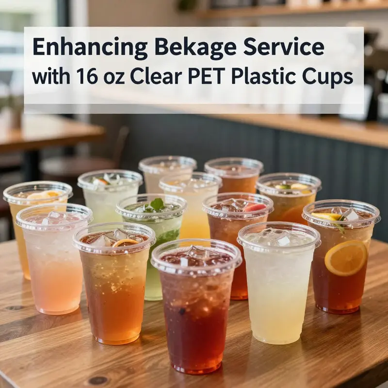 Showcasing the durability and functionality of 16 oz clear PET plastic cups filled with drinks.