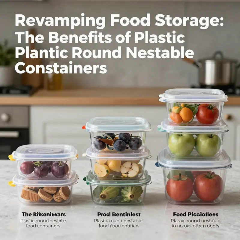 Innovative design of plastic round nestable food containers focused on stackability and convenience.