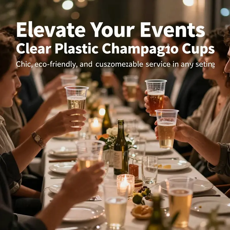 Guests at a celebration enjoying drinks from clear plastic champagne cups, surrounded by festive decorations and a warm atmosphere.