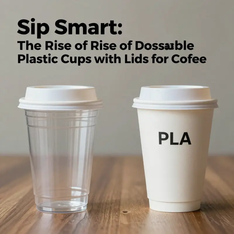 A variety of disposable plastic cups with lids styled for coffee and beverage service.