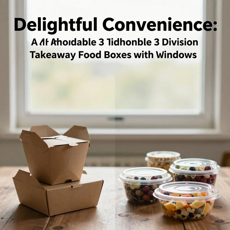 A lively marketplace showcasing various styles of 3-division takeaway food boxes with windows.