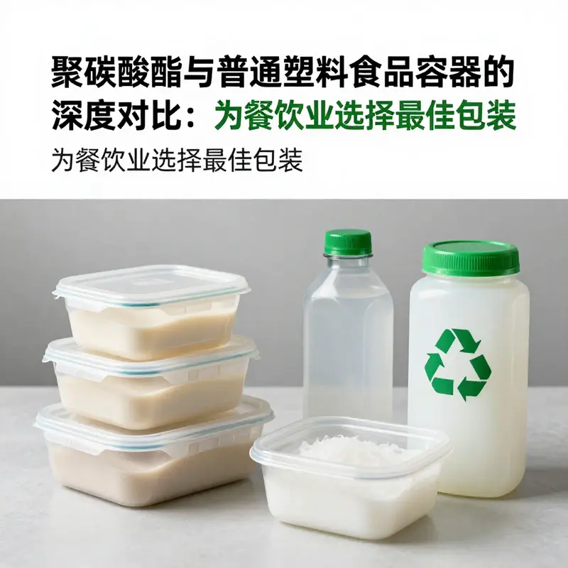 聚碳酸酯与普通塑料容器的特性对比，突出聚碳酸酯的透明度与耐热性。