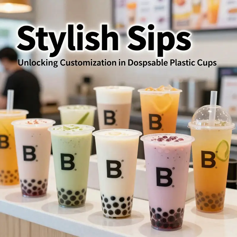 Diverse disposable plastic cups displaying ergonomic designs for better handling at a busy bubble tea shop.