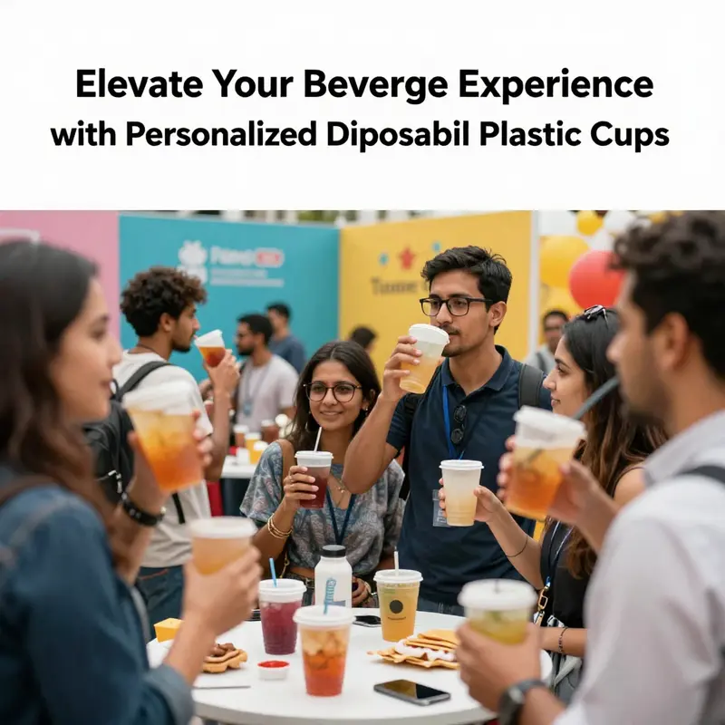 An array of personalized disposable plastic cups highlighting branding and beverage variety.