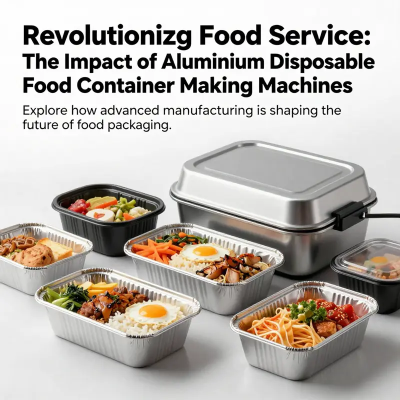 Variety of aluminium disposable food containers presented with food in a professional setting.