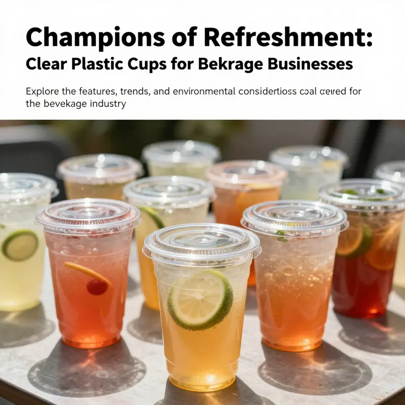 A delightful array of clear plastic cups filled with colorful drinks in a picturesque outdoor setting.