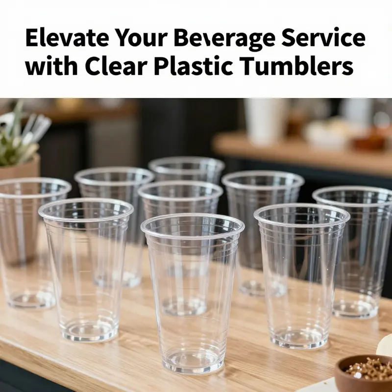 A diverse array of clear plastic tumbler cups displayed in various settings, illustrating their use in celebrations, casual gatherings, and as brand merchandise.