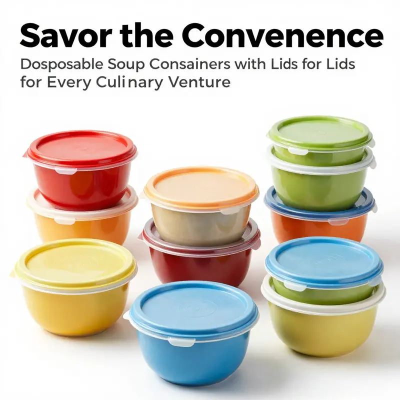 A colorful display of disposable soup containers with lids showcasing their use and sustainability features.