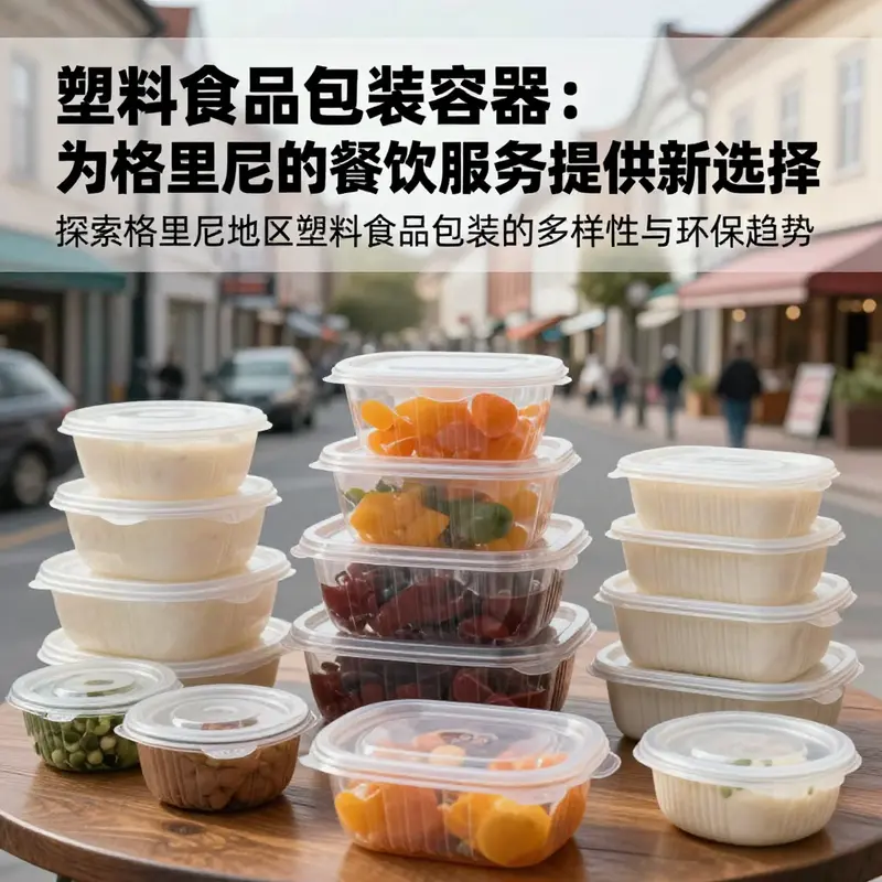 多样的塑料食品包装容器在格里尼的餐饮场景中展示。