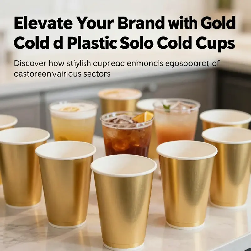 A visually appealing setup of gold colored disposable Solo cups displaying different drinks against a festive background.