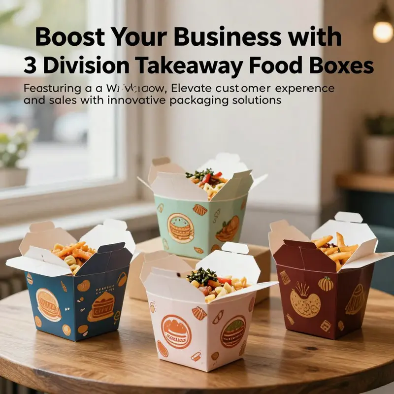 A mixture of 3-division takeaway food boxes filled with different cuisines, showing their design and food presentation.