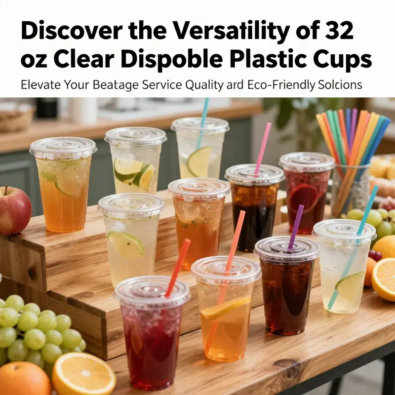 Colorful beverages served in 32 oz clear disposable plastic cups on a catering table.