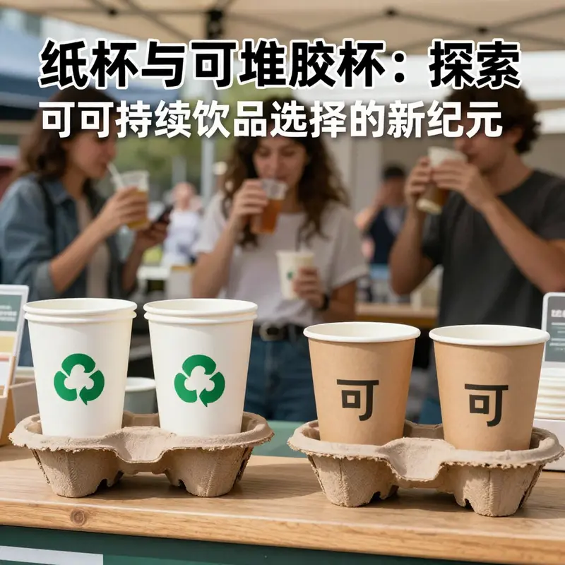 消费者在饮品摊位享用饮品，纸杯和可堆肥杯对比展示，强调可持续发展理念。