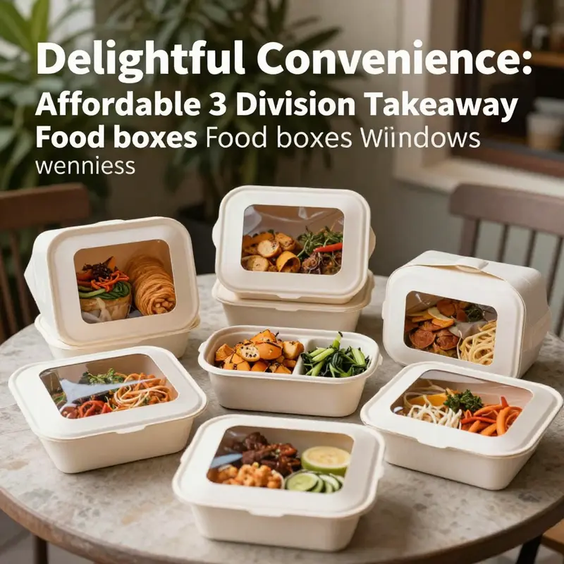 An attractive outdoor setting featuring multiple 3-compartment takeaway food boxes with clear windows and delectable meals.
