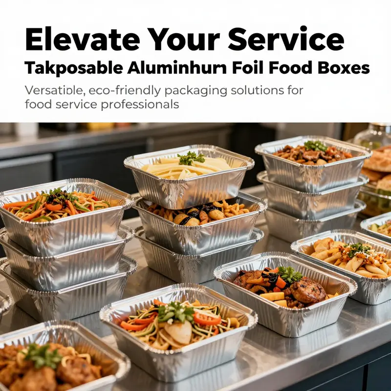 Colorful disposable aluminium foil food boxes filled with food items in a trendy food service environment.
