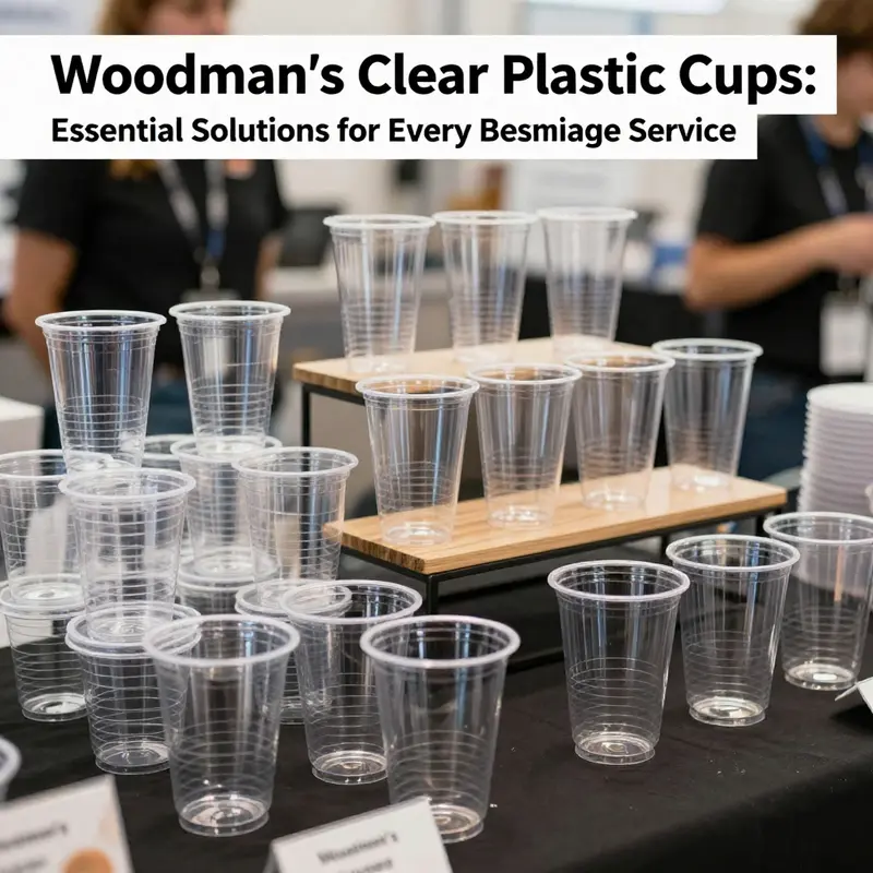 An attractive setup of Woodman's clear plastic cups at an event, showcasing their role in beverage service.