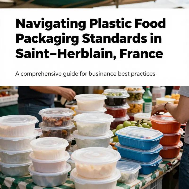 Assorted disposable plastic food containers displayed in a bustling market environment in Saint-Herblain, France.