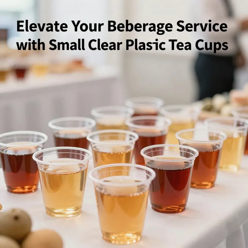 Small clear plastic tea cups filled with vibrant drinks displayed elegantly at an event.