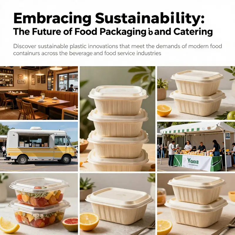 A lively collage featuring eco-friendly food containers in different food service environments.