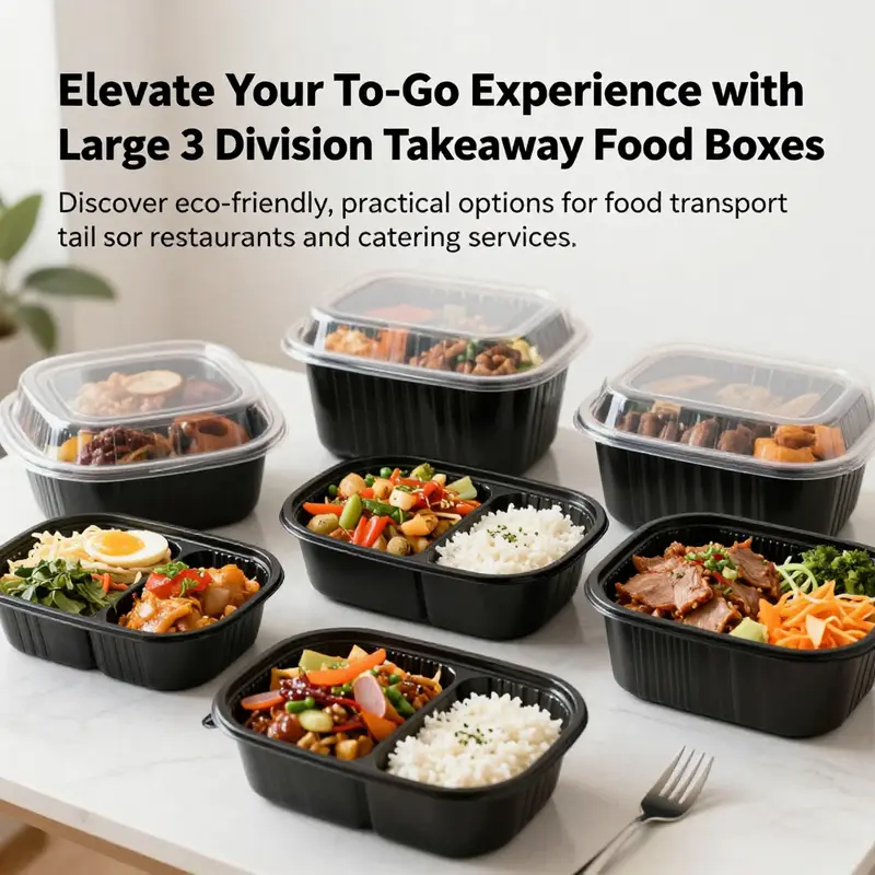 Table set with various large 3 division takeaway food boxes filled with gourmet meals.