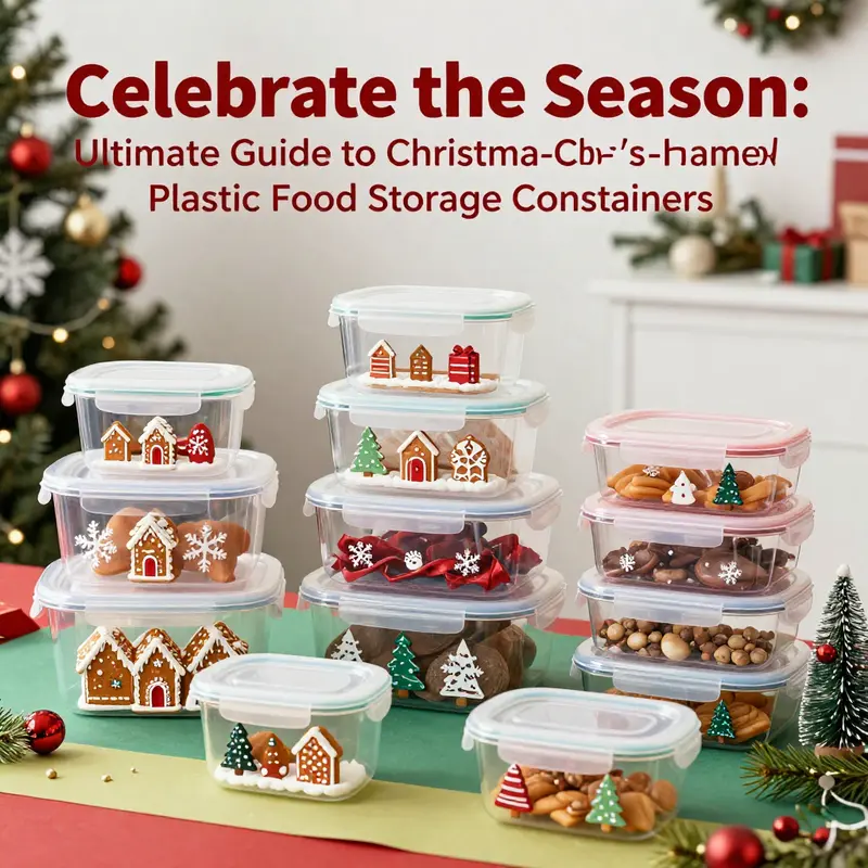 A collection of Christmas-themed plastic food storage containers featuring delightful holiday designs.