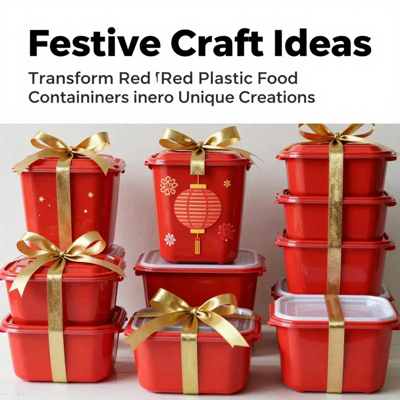 Festively decorated red plastic food containers ready for Lunar New Year celebrations.