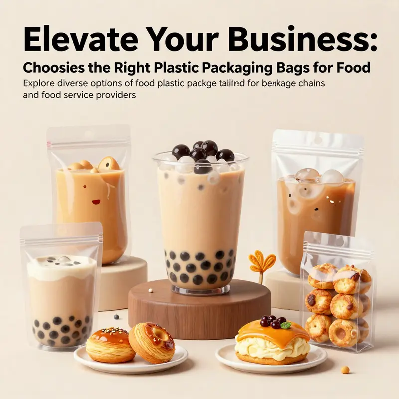 A vibrant collection of food plastic packaging bags displayed with appealing food items like bubble tea and snacks.